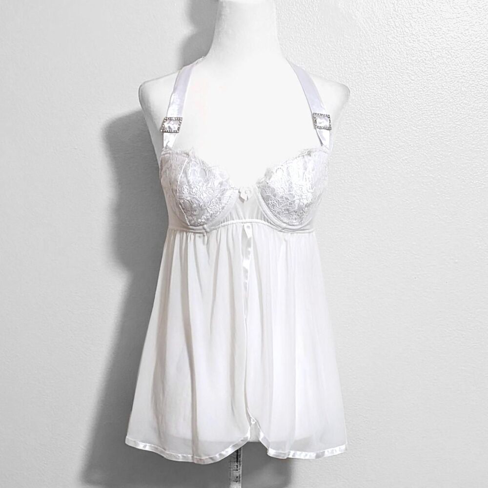 Frederick's of Hollywood White Sheer Lace Babydoll Lingerie Top | Size S